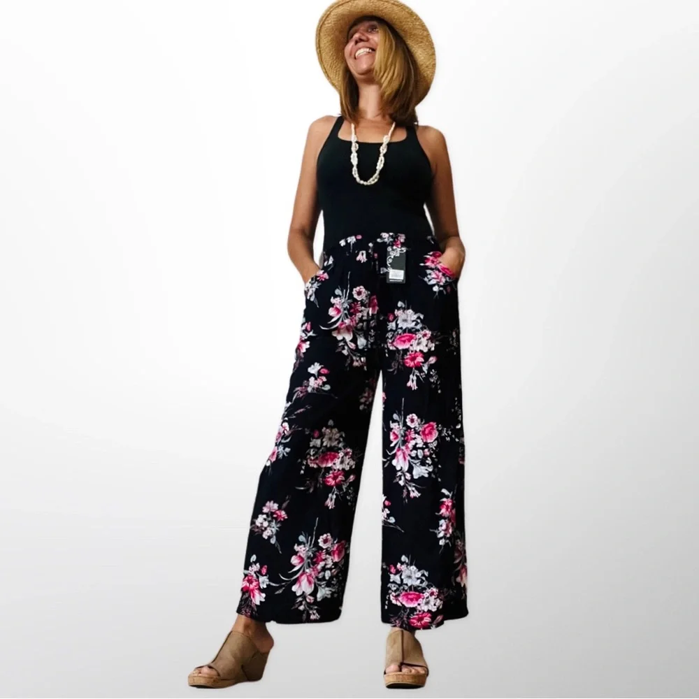 Flower Printed Soft Smocked Waist Cotton Lightweight Boho Traveler Pants One SZ - Picture 2 of 12
